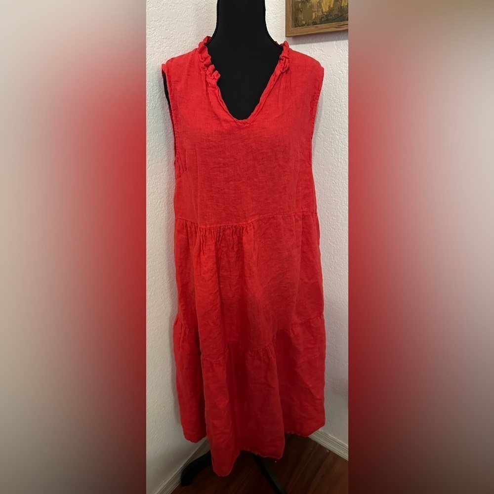 Le Ragazza 100% Linen Sleeveless Red Midi Dress - Size L